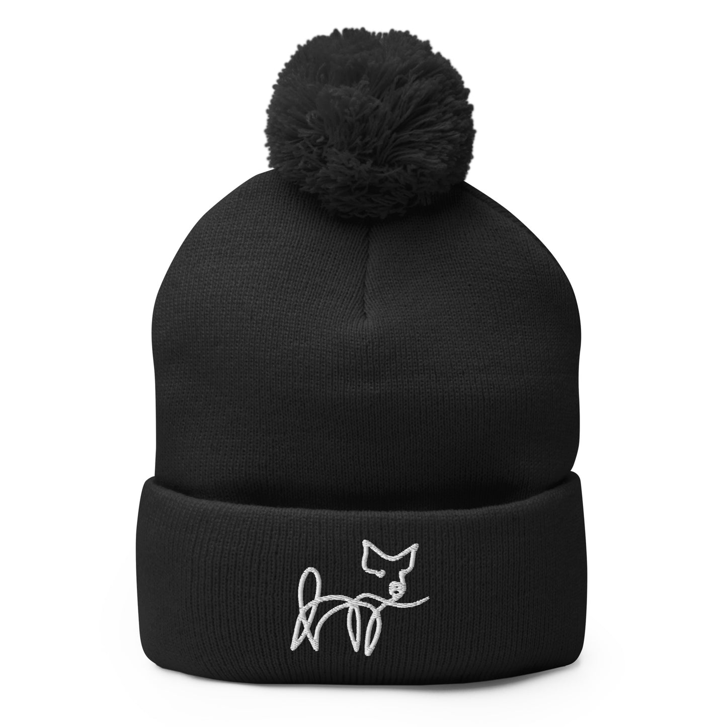 VEGAN " Calligraphy Pig" Embroidered Pom-Pom Beanie