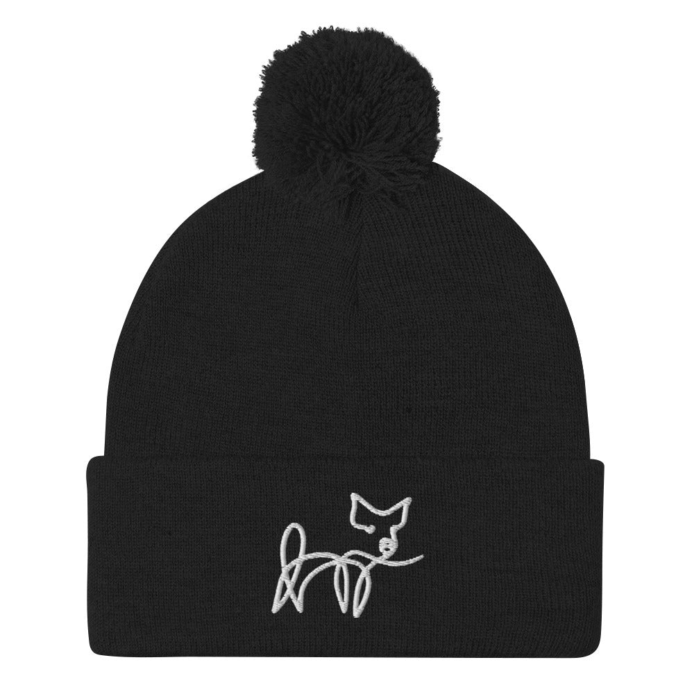 VEGAN " Calligraphy Pig" Embroidered Pom-Pom Beanie