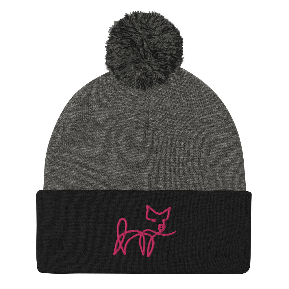 VEGAN " Calligraphy Pig" Embroidered Pom-Pom Beanie
