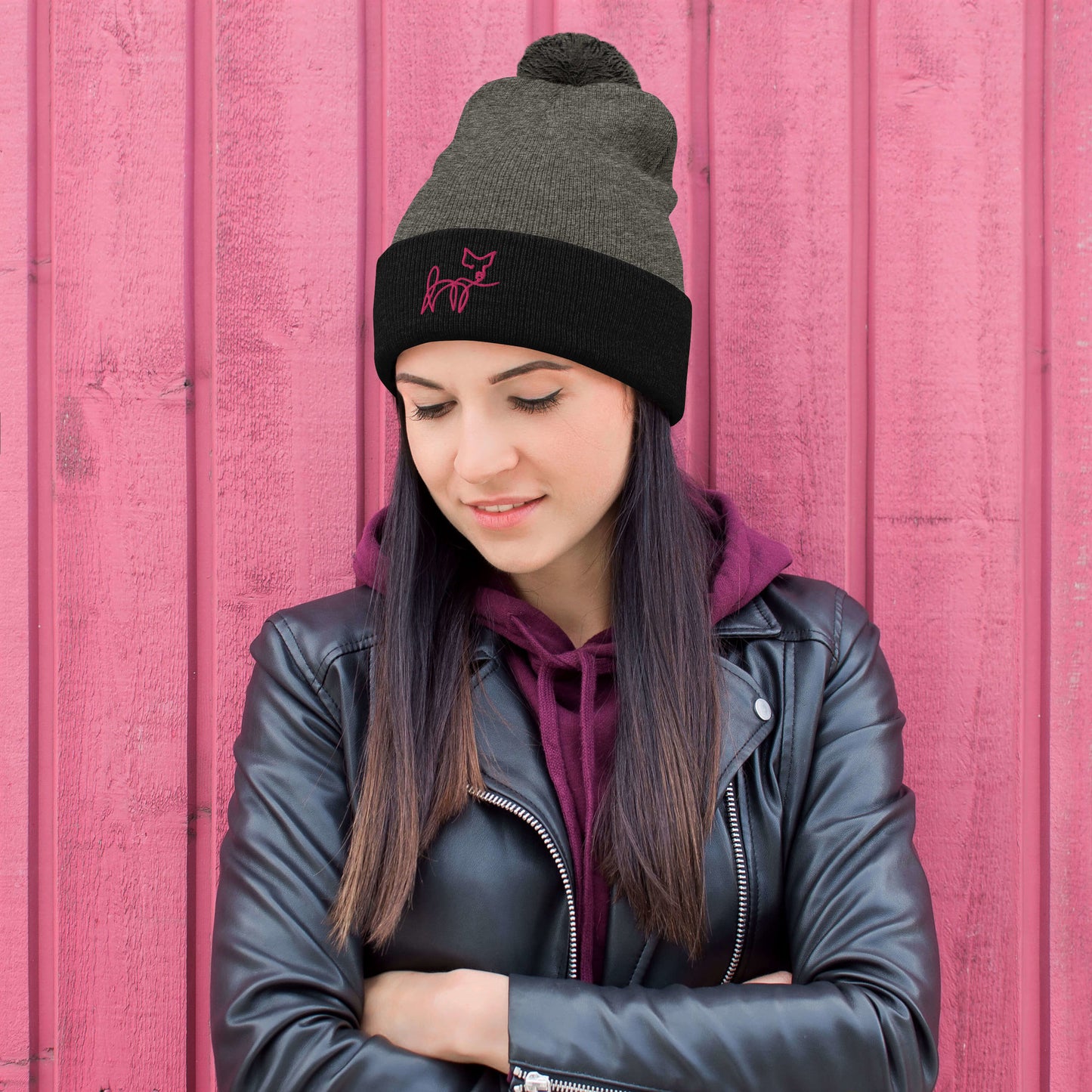 VEGAN " Calligraphy Pig" Embroidered Pom-Pom Beanie