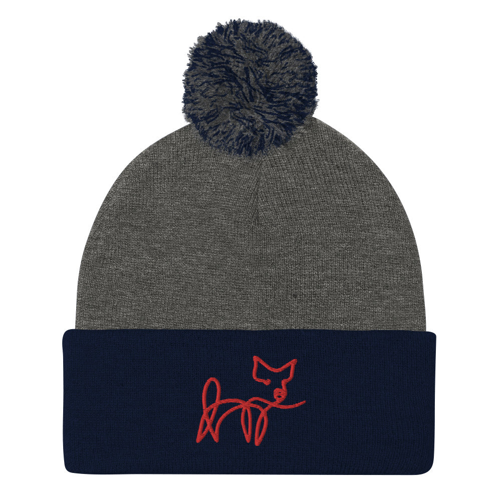 VEGAN " Calligraphy Pig" Embroidered Pom-Pom Beanie