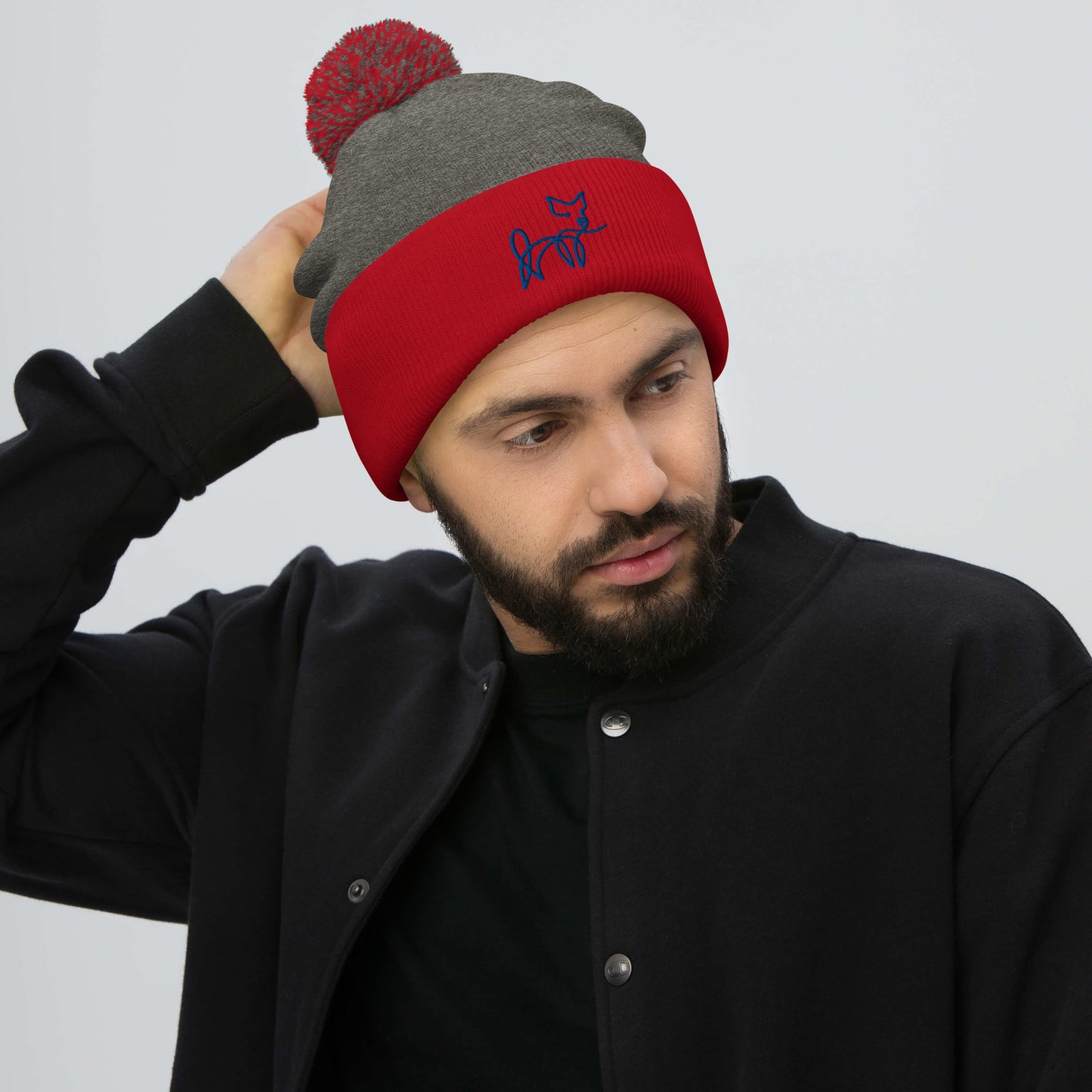 VEGAN " Calligraphy Pig" Embroidered Pom-Pom Beanie