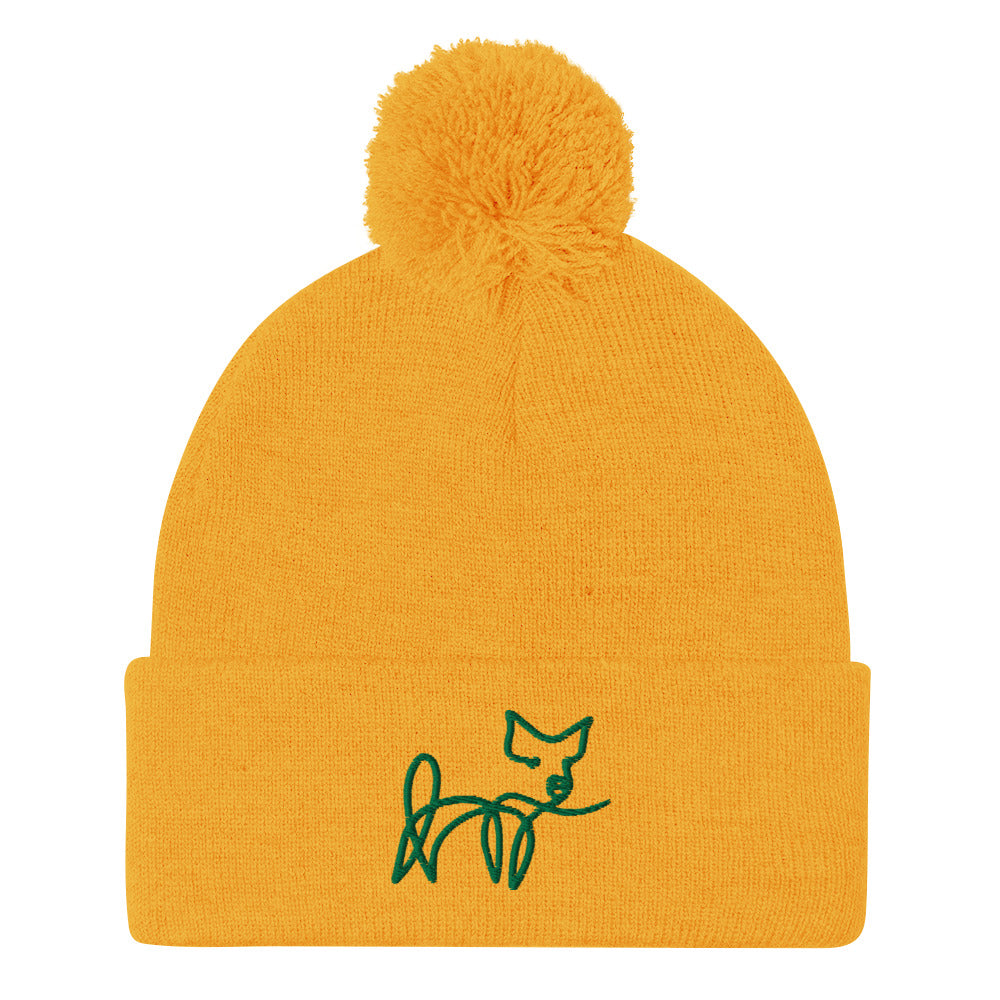 VEGAN " Calligraphy Pig" Embroidered Pom-Pom Beanie
