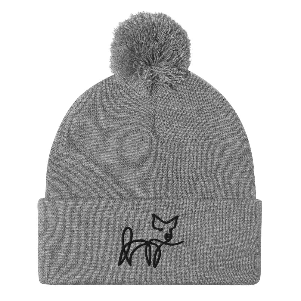 VEGAN " Calligraphy Pig" Embroidered Pom-Pom Beanie