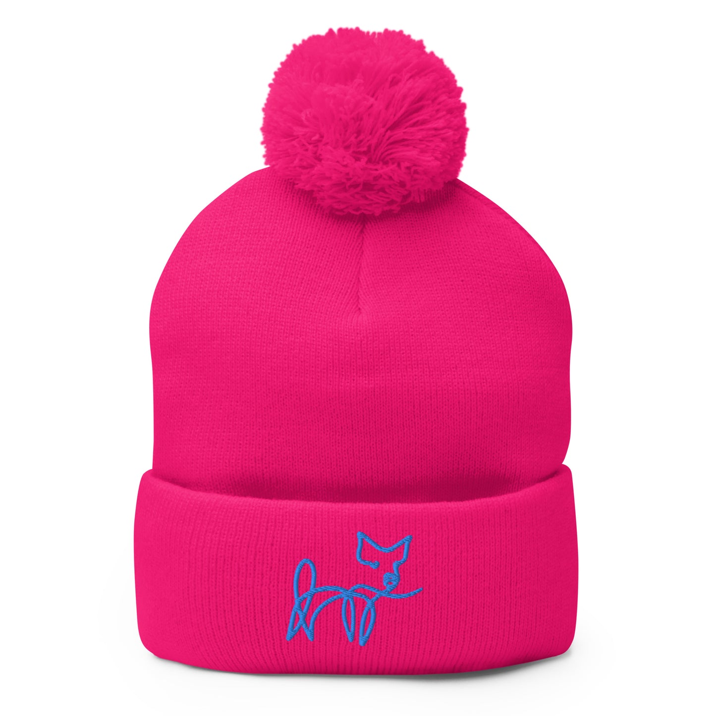VEGAN " Calligraphy Pig" Embroidered Pom-Pom Beanie