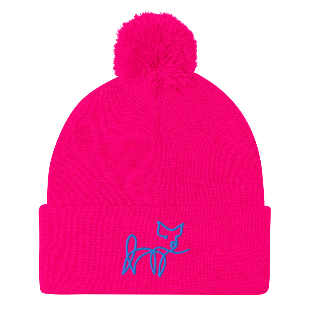 VEGAN " Calligraphy Pig" Embroidered Pom-Pom Beanie