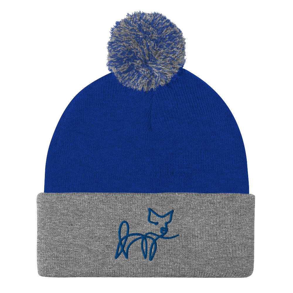 VEGAN " Calligraphy Pig" Embroidered Pom-Pom Beanie