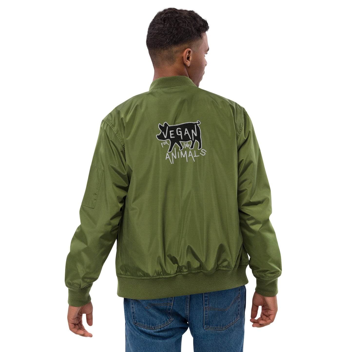 VEGAN FOR THE ANIMALS Premium Embroidered Recycled Bomber Jacket