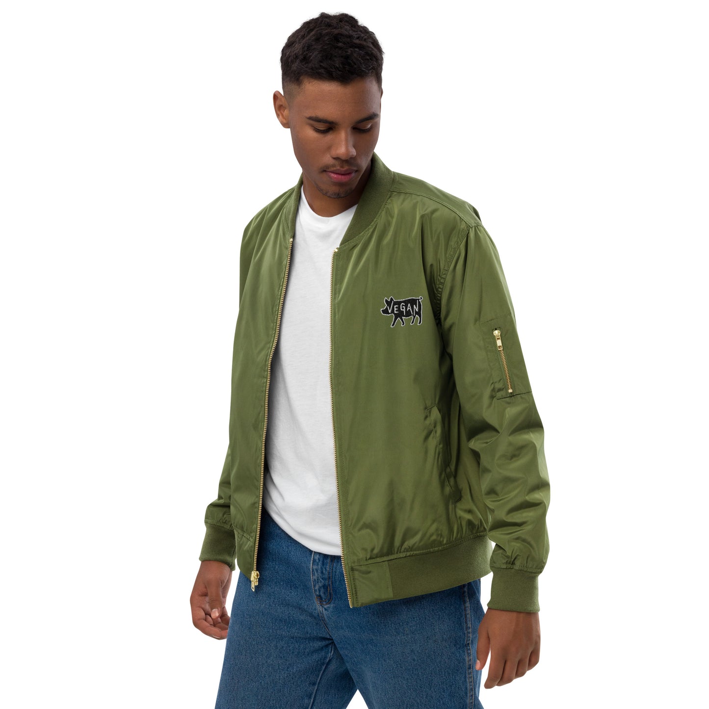 VEGAN FOR THE ANIMALS Premium Embroidered Recycled Bomber Jacket