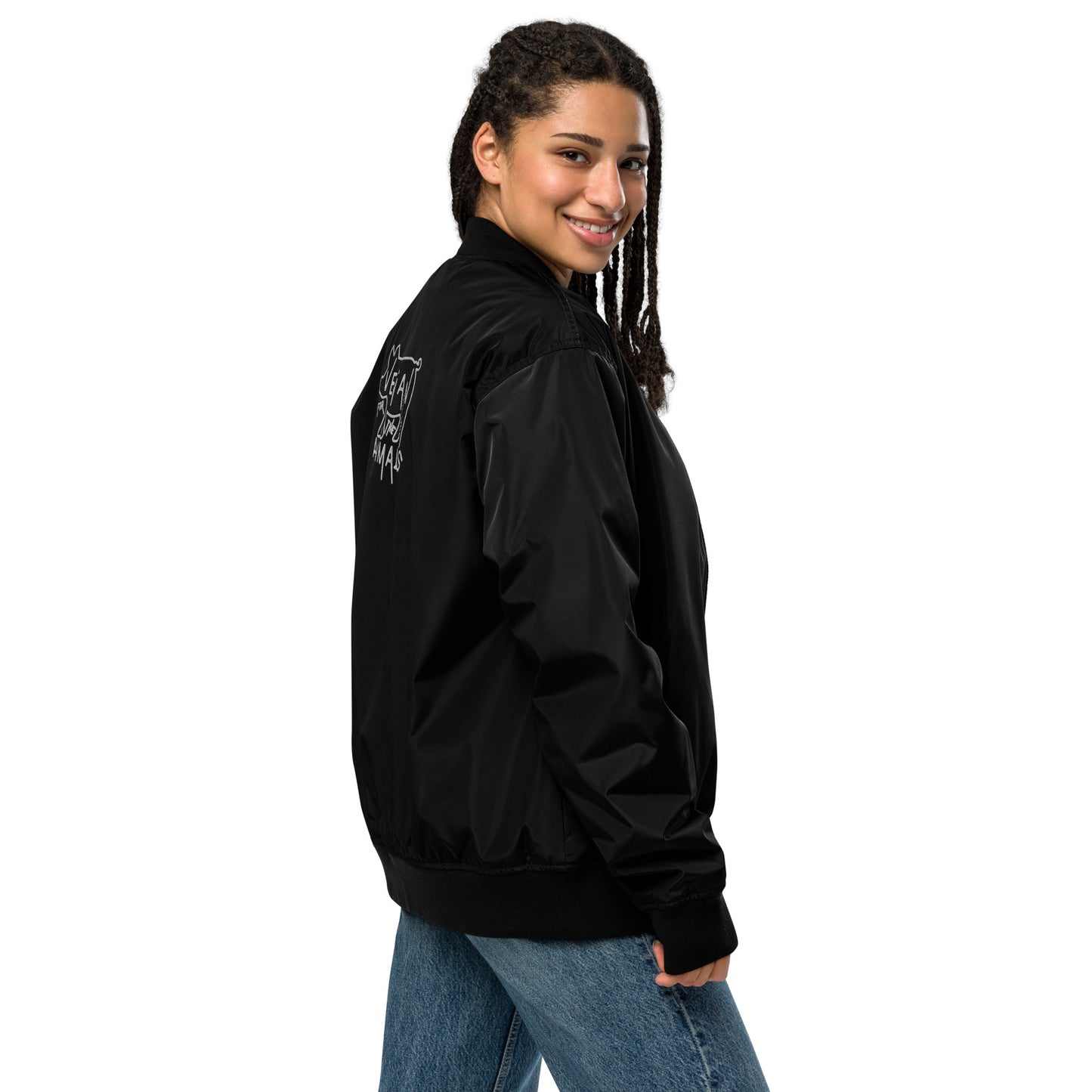 VEGAN FOR THE ANIMALS Premium Embroidered Recycled Bomber Jacket