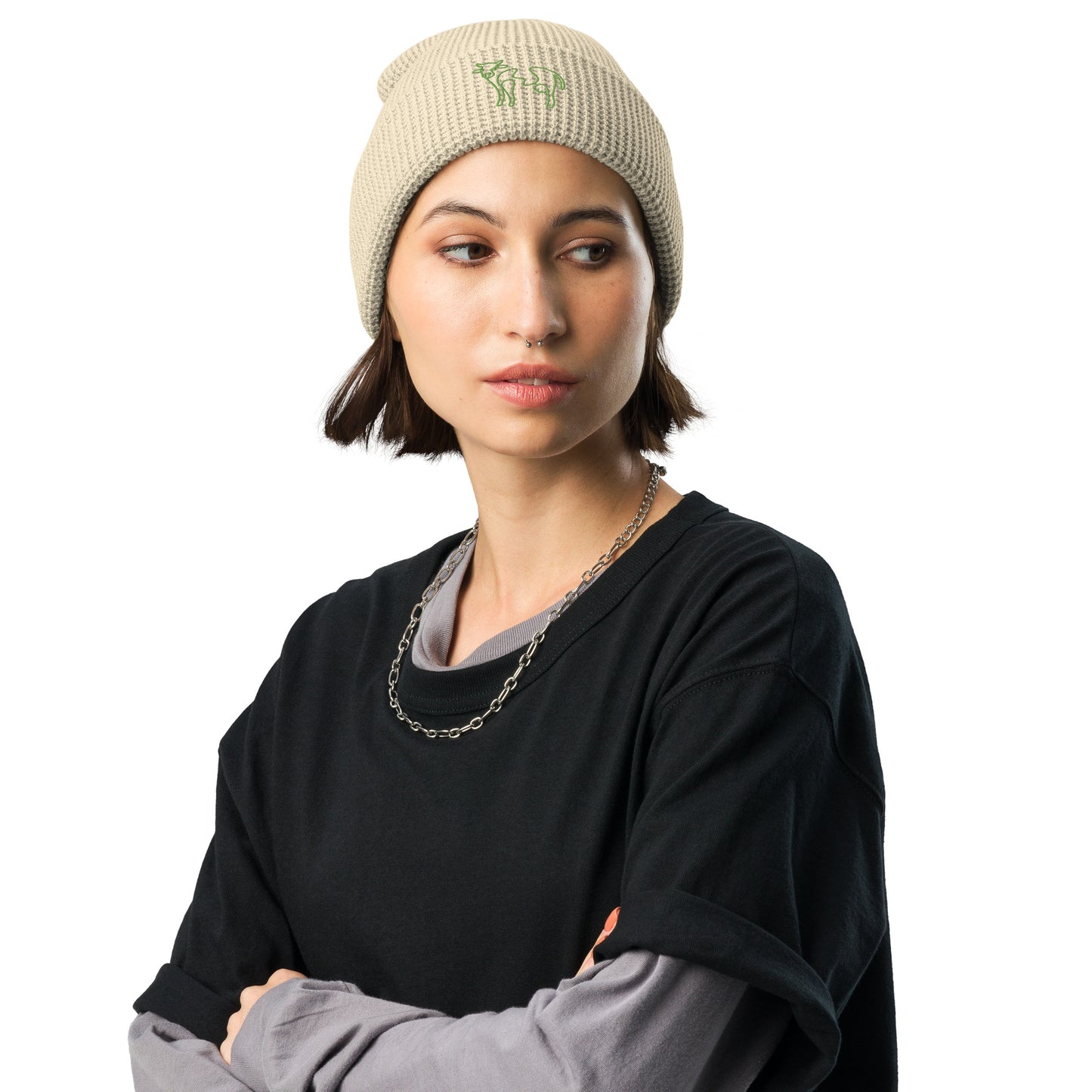 VEGAN " Cow Calligraphy " Embroidered Waffle beanie