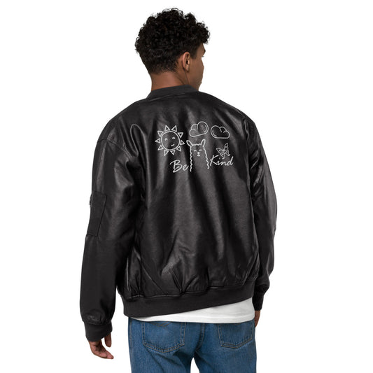 VEGAN "BE KIND" Unisex Embroidered Faux Leather Bomber Jacket