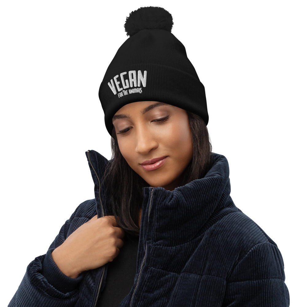 VEGAN For The Animals Embroidered Pom pom beanie