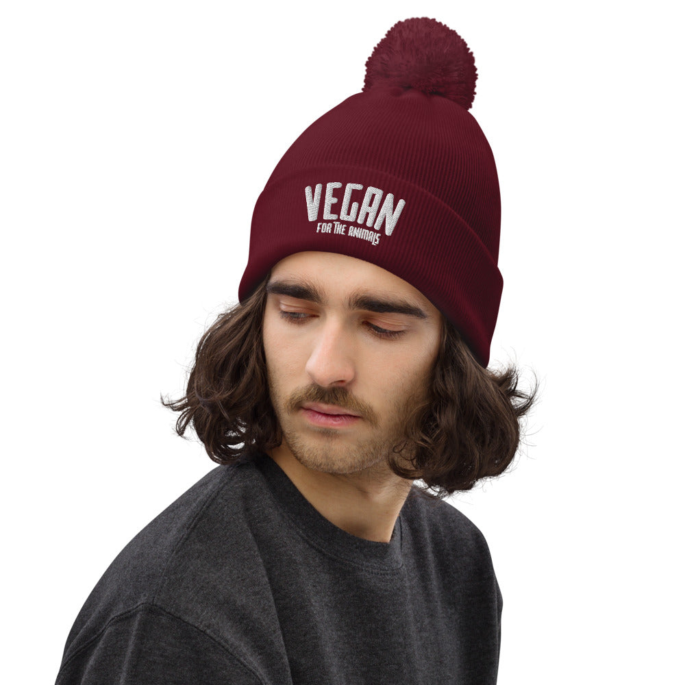VEGAN For The Animals Embroidered Pom pom beanie