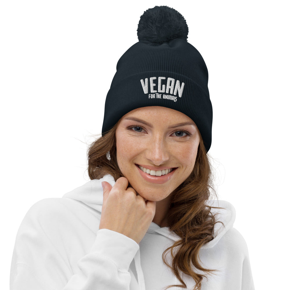 VEGAN For The Animals Embroidered Pom pom beanie