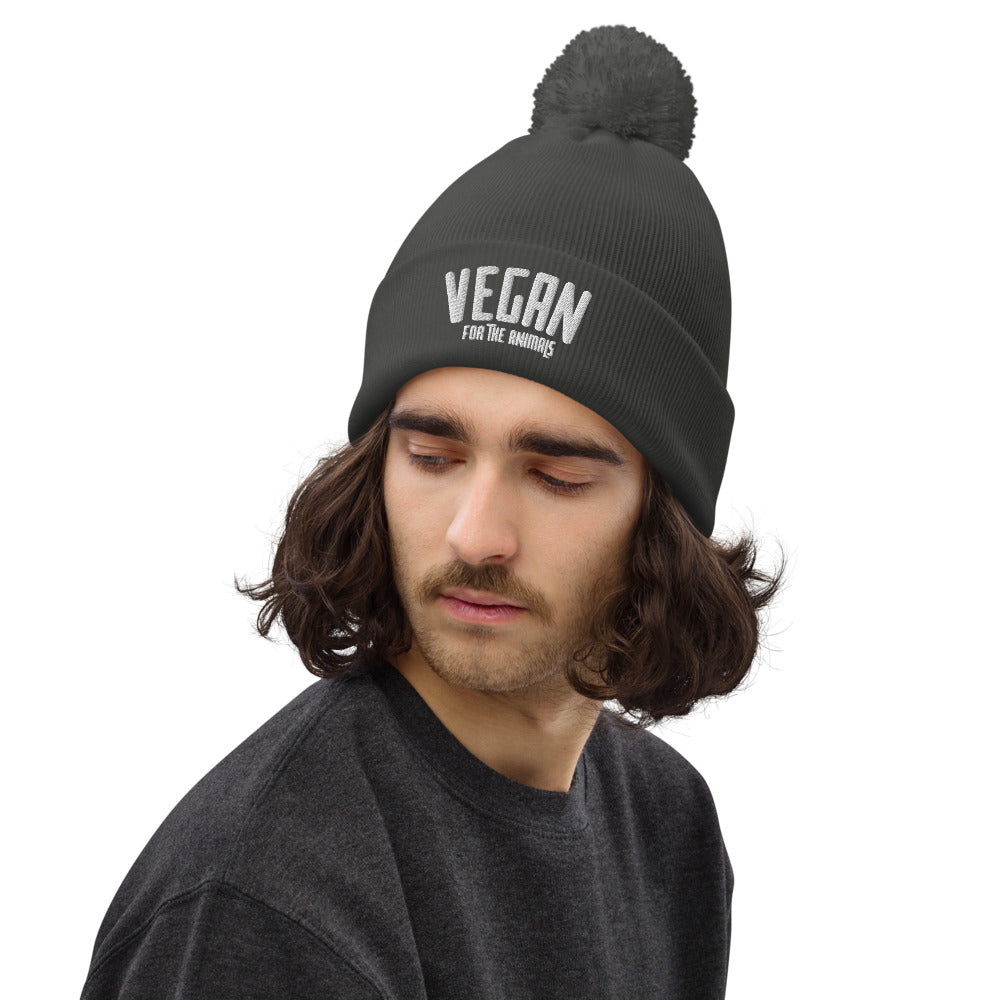 VEGAN For The Animals Embroidered Pom pom beanie