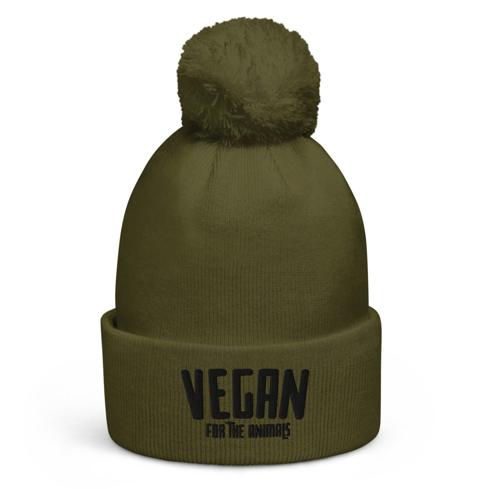 VEGAN For The Animals Embroidered Pom pom beanie