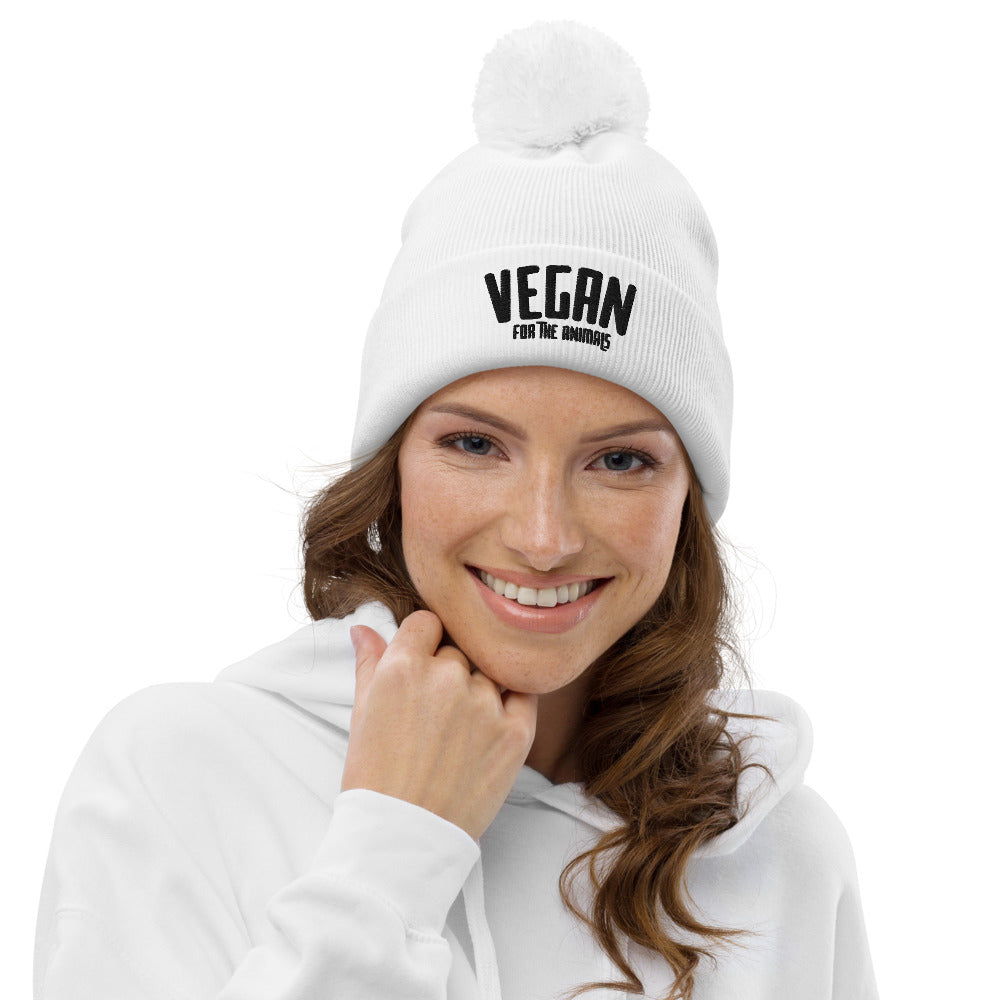 VEGAN For The Animals Embroidered Pom pom beanie