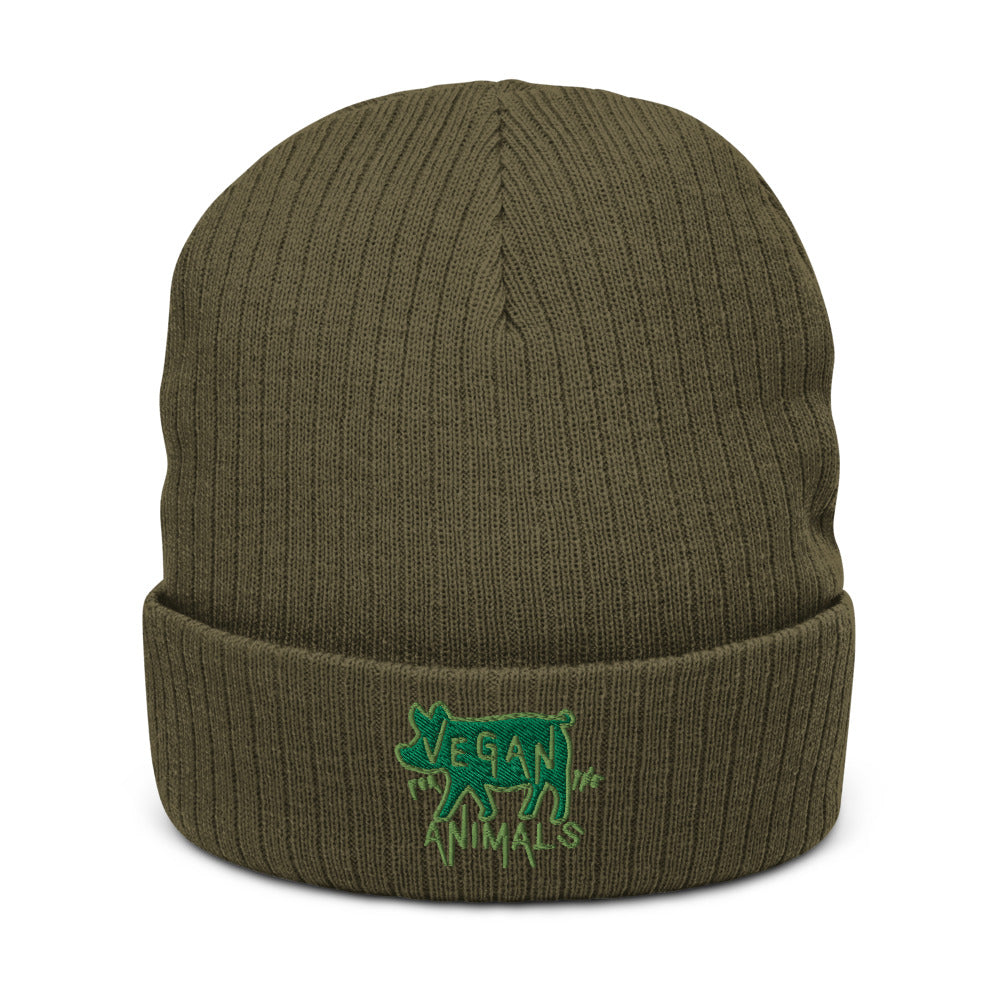 VEGAN For The Animals Embroidered Recycled cuffed beanie