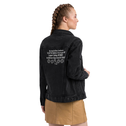 Vegan Unisex Embroidered denim jacket "Pythagoras Quote"