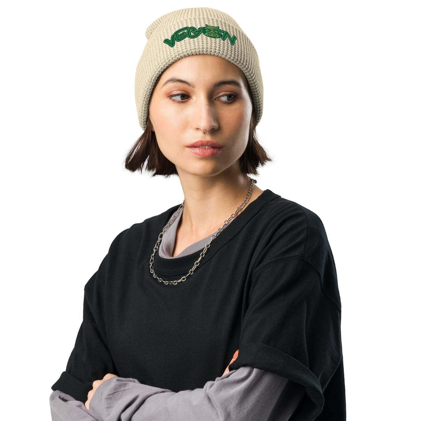 VEGAN Embroidered Waffle beanie