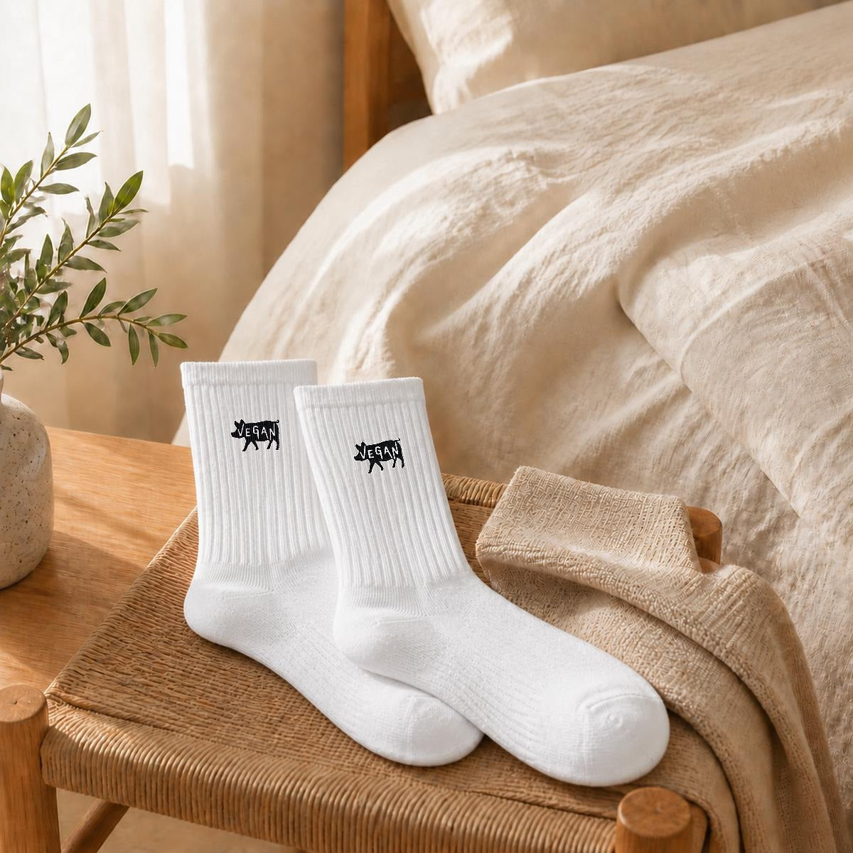 VEGAN Embroidered Cotton Crew Socks
