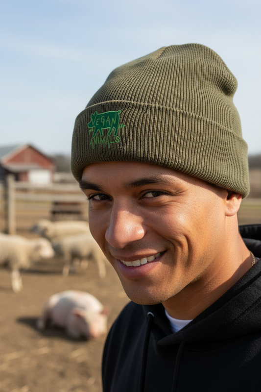 VEGAN For The Animals Embroidered Recycled cuffed beanie