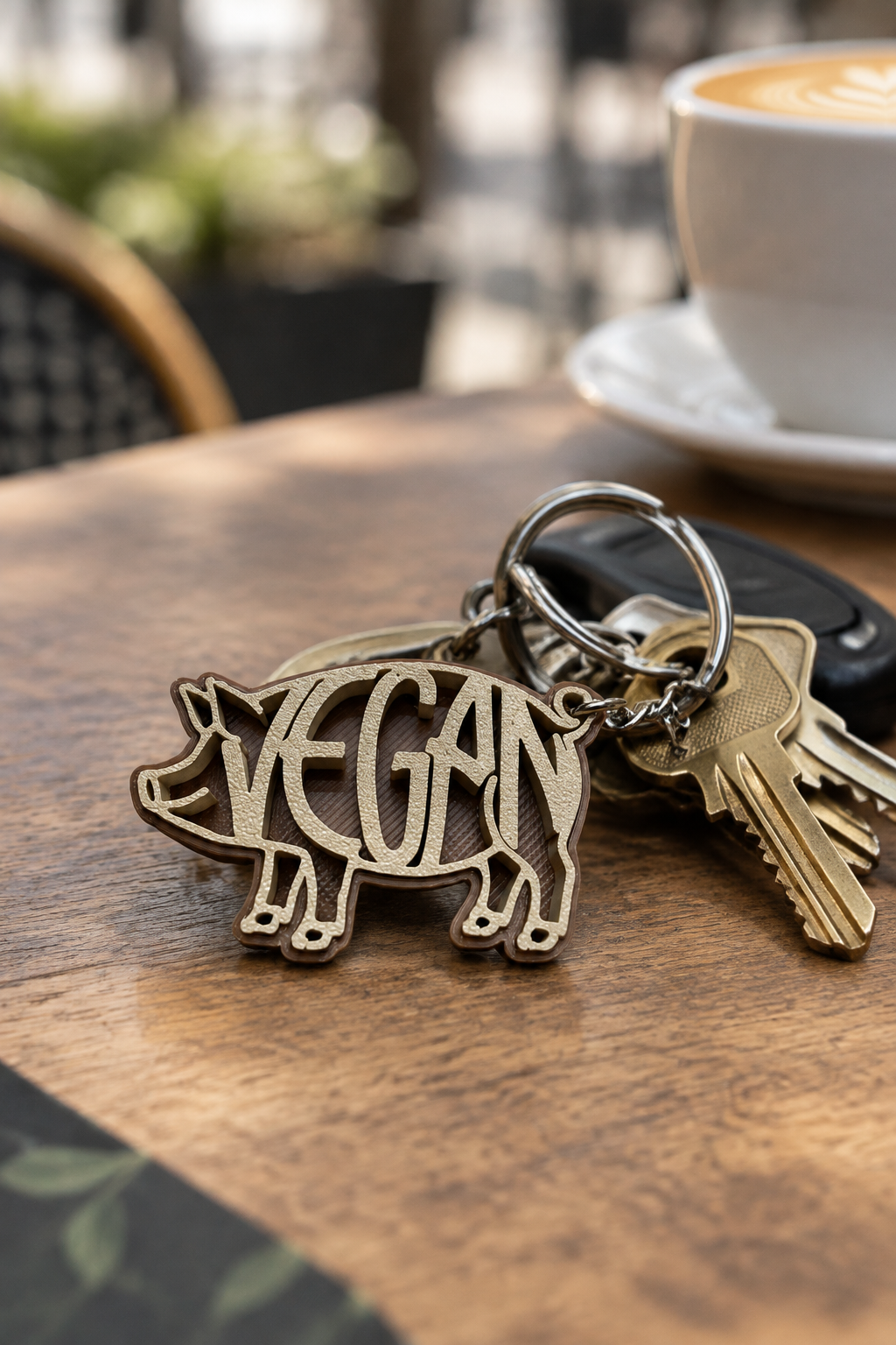 Beige/coffee pig keychain with house keys