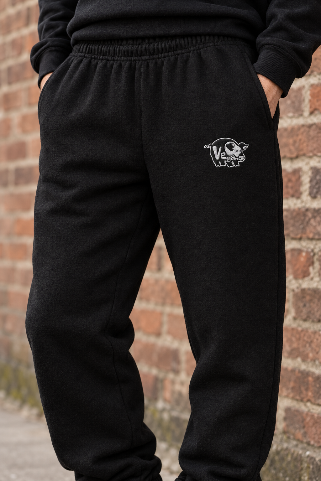 Black sweatpants model proof using original pig artwork