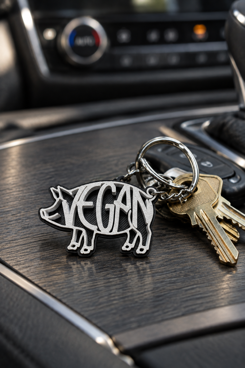 Black/white VEGAN pig keychain on car console