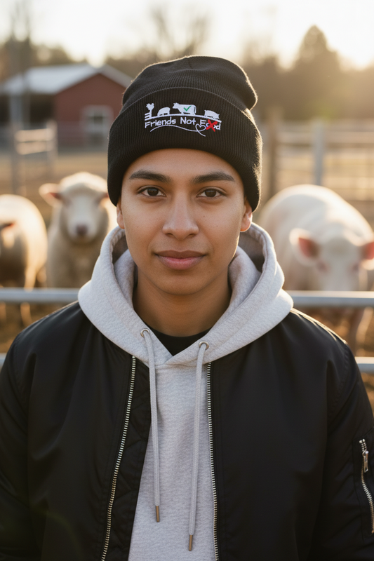 Vegan " Friends Not Food " Embroidered Cuffed Beanie