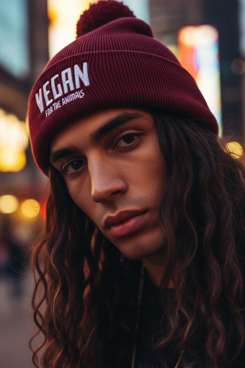 VEGAN For The Animals Embroidered Pom pom beanie