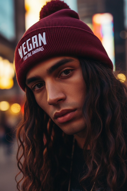 VEGAN For The Animals Embroidered Pom pom beanie
