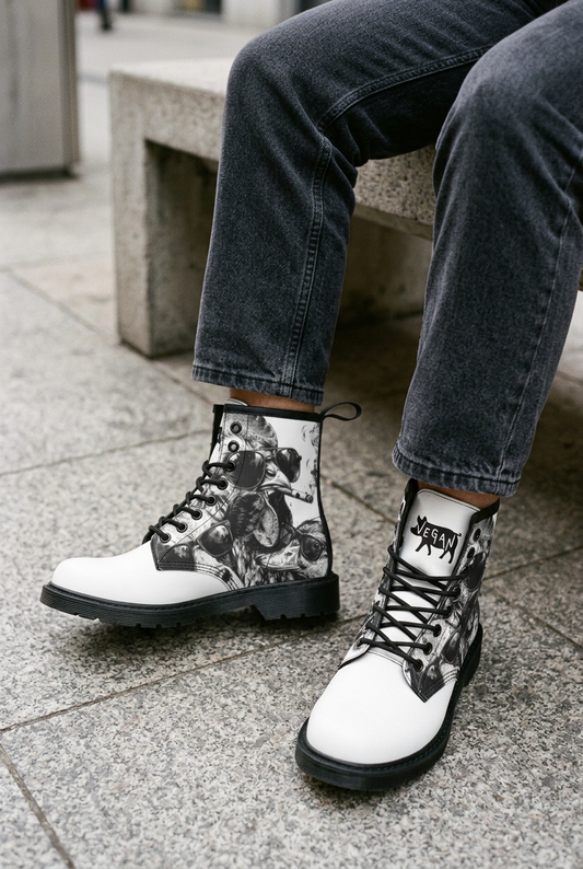Elevated perspective of model wearing vegan boots