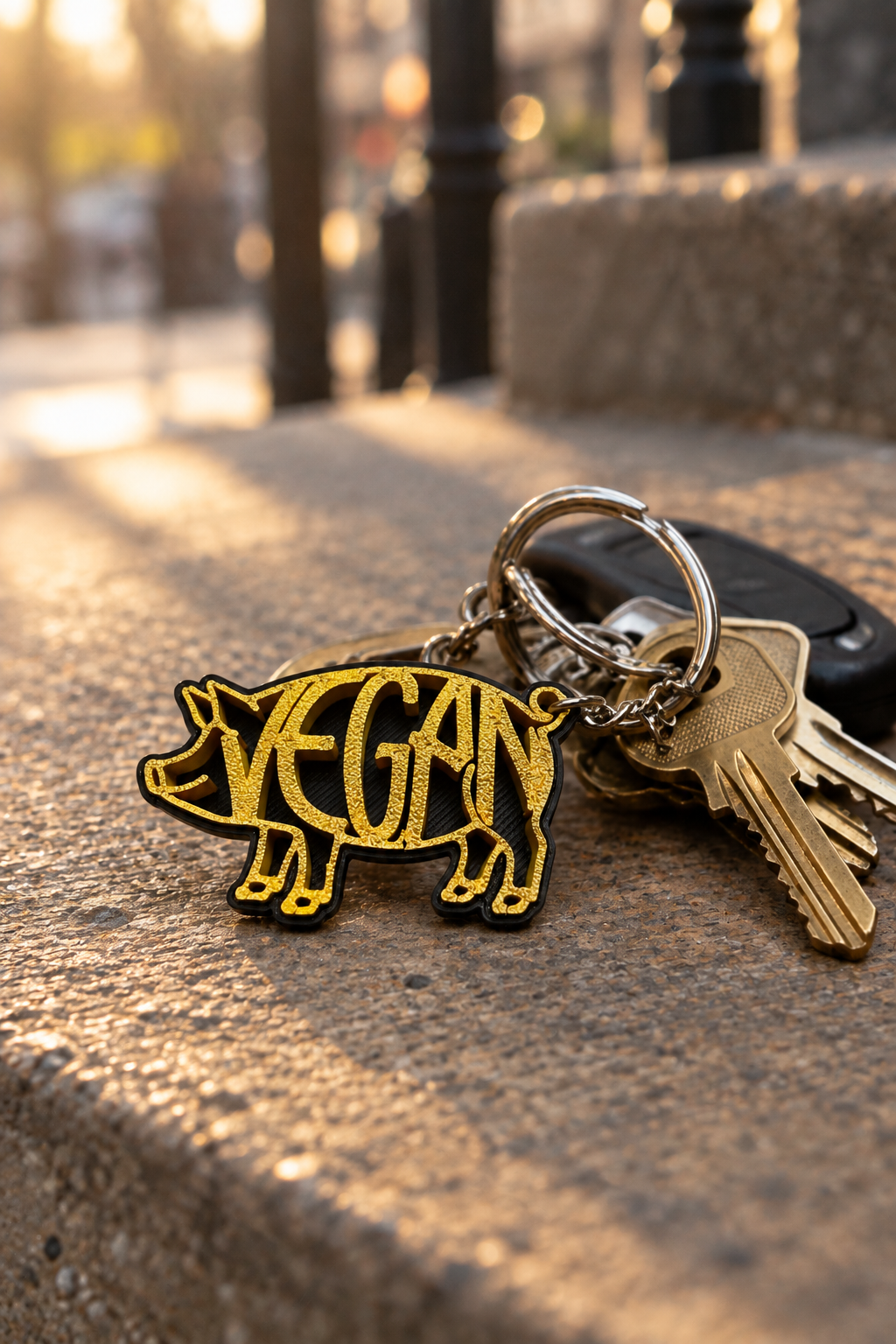 Gold/black VEGAN pig keychain on city steps
