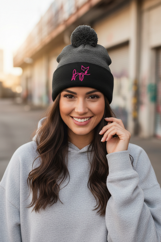 VEGAN " Calligraphy Pig" Embroidered Pom-Pom Beanie