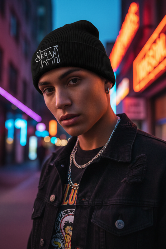 VEGAN Embroidered Organic ribbed beanie