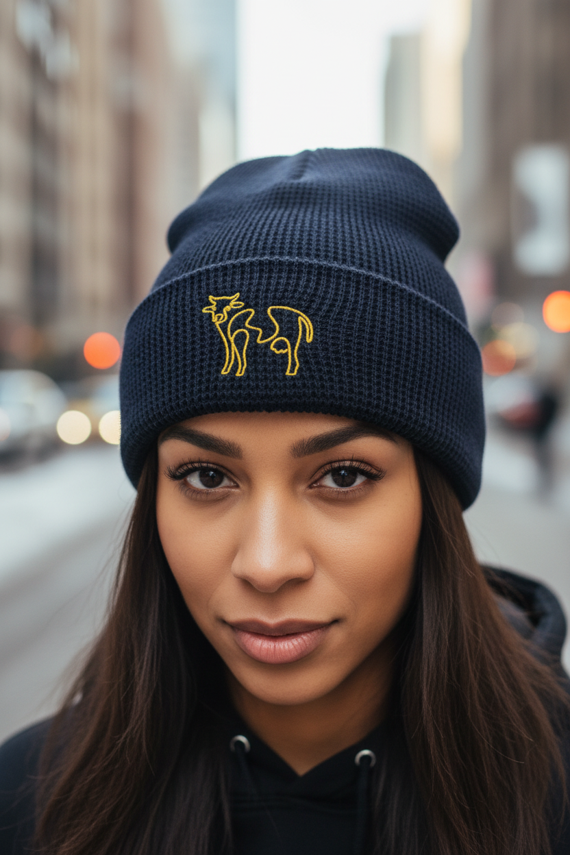 VEGAN " Cow Calligraphy " Embroidered Waffle beanie