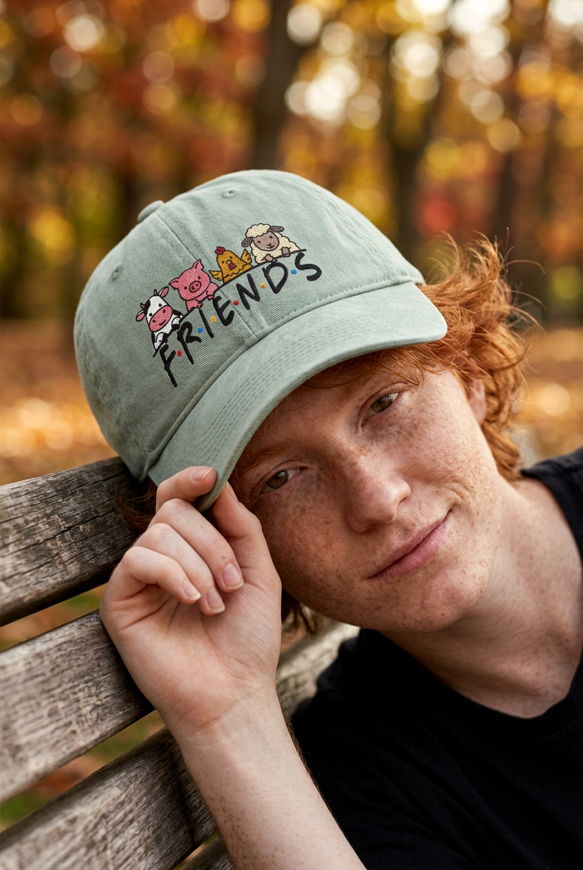 Model wearing Bay FRIENDS vegan embroidered sunwashed cap