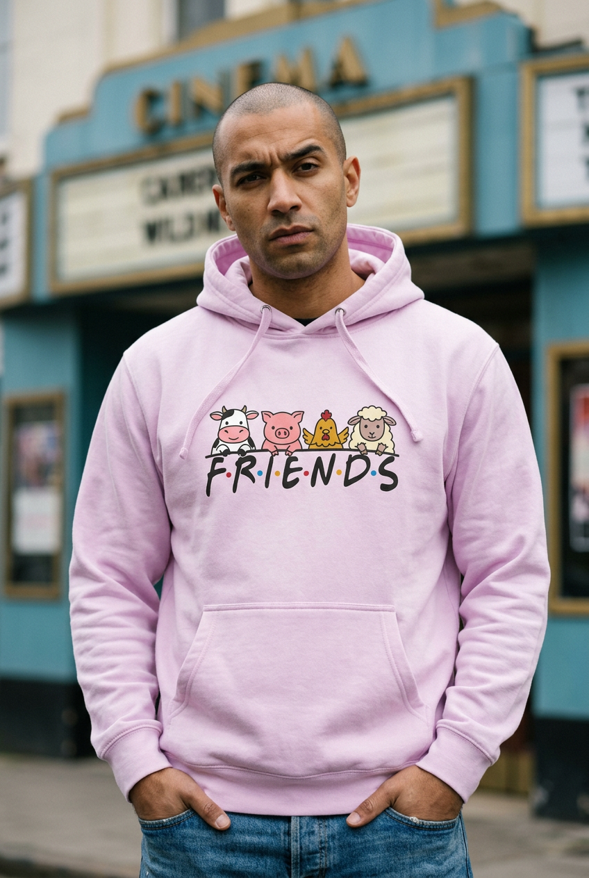 Model wearing Lavender FRIENDS vegan pullover hoodie outside a vintage cinema