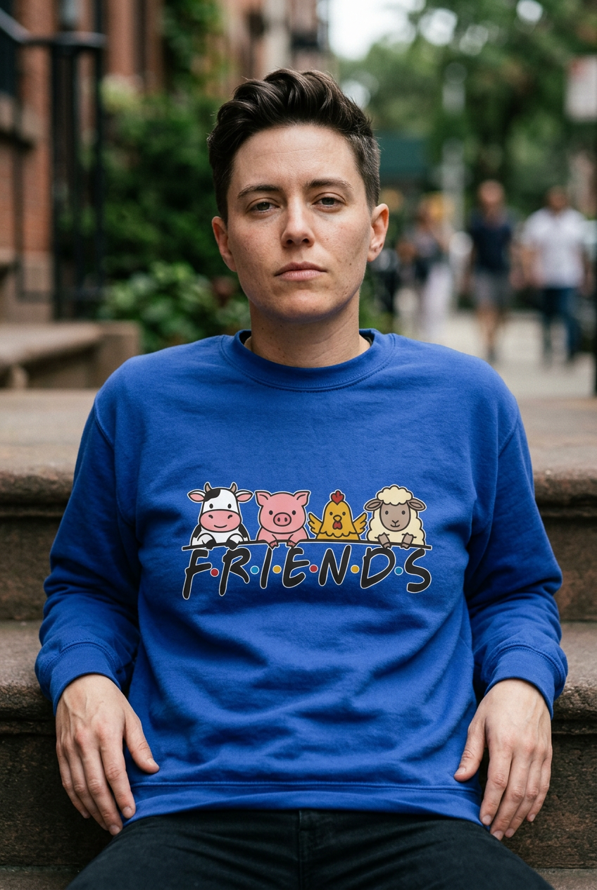 Model wearing Team Royal FRIENDS vegan premium sweatshirt