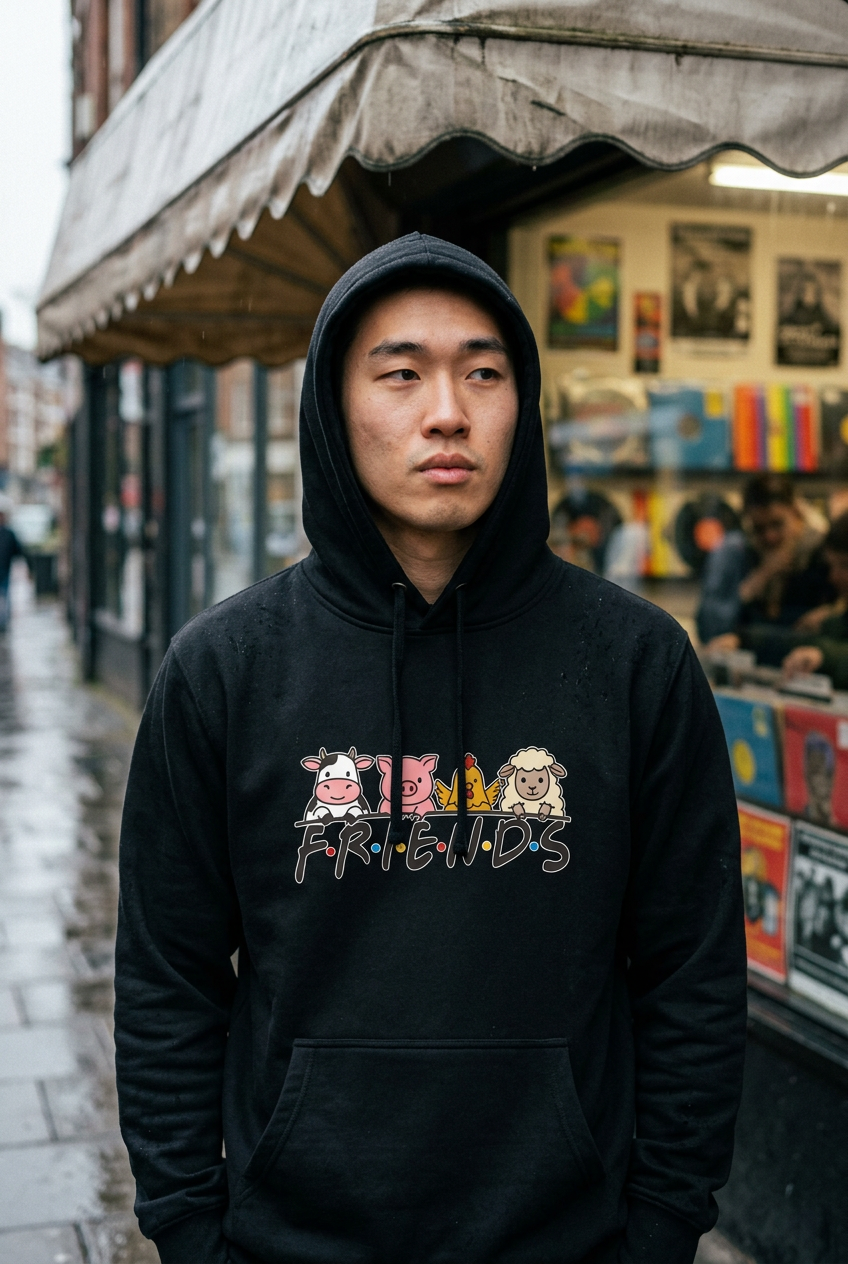 Model wearing Black FRIENDS vegan pullover hoodie outside a record shop