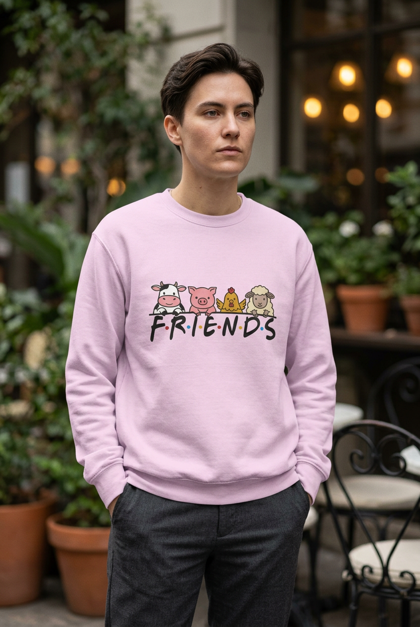 Model wearing Lavender FRIENDS vegan premium sweatshirt