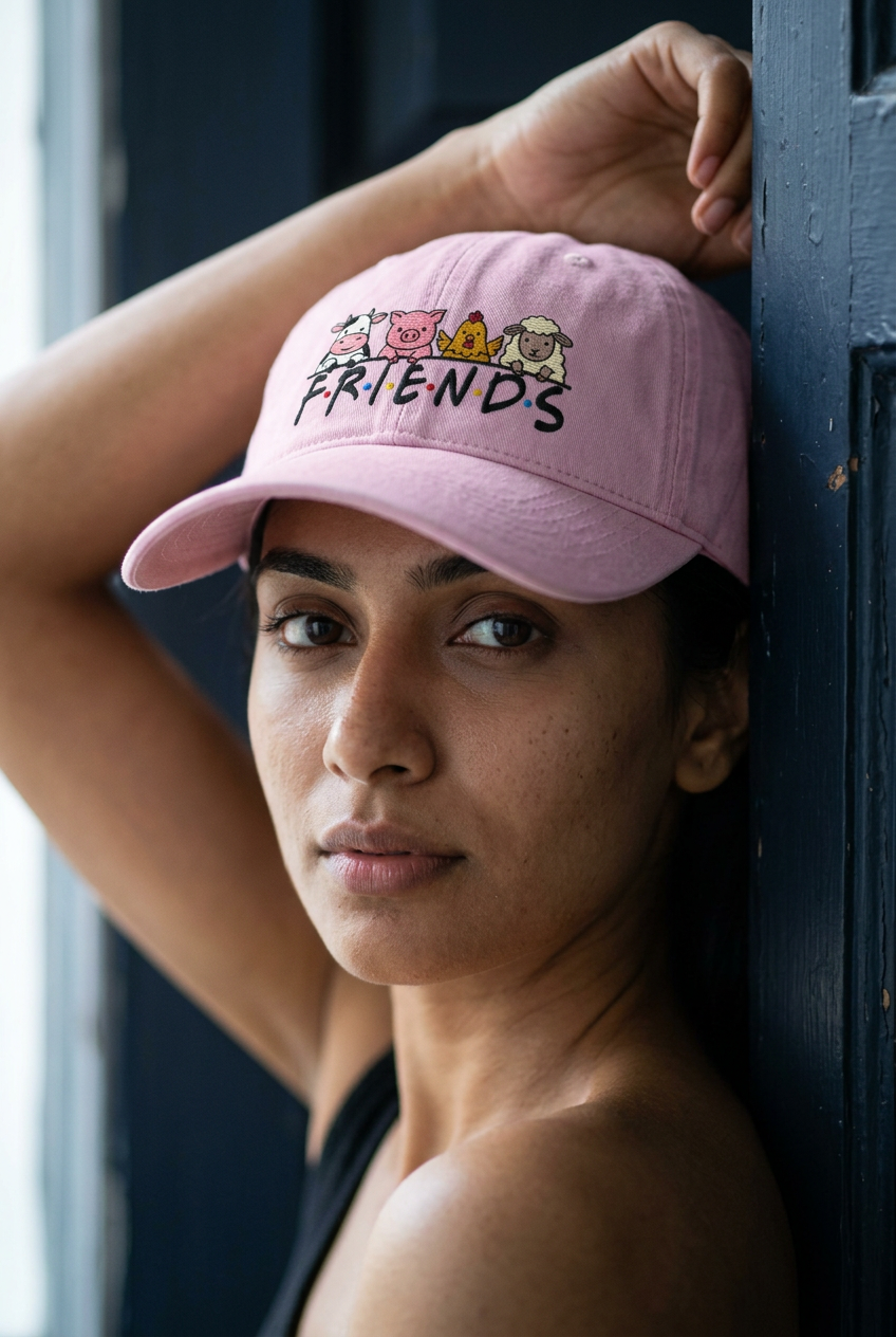 Model wearing Blossom FRIENDS vegan embroidered sunwashed cap