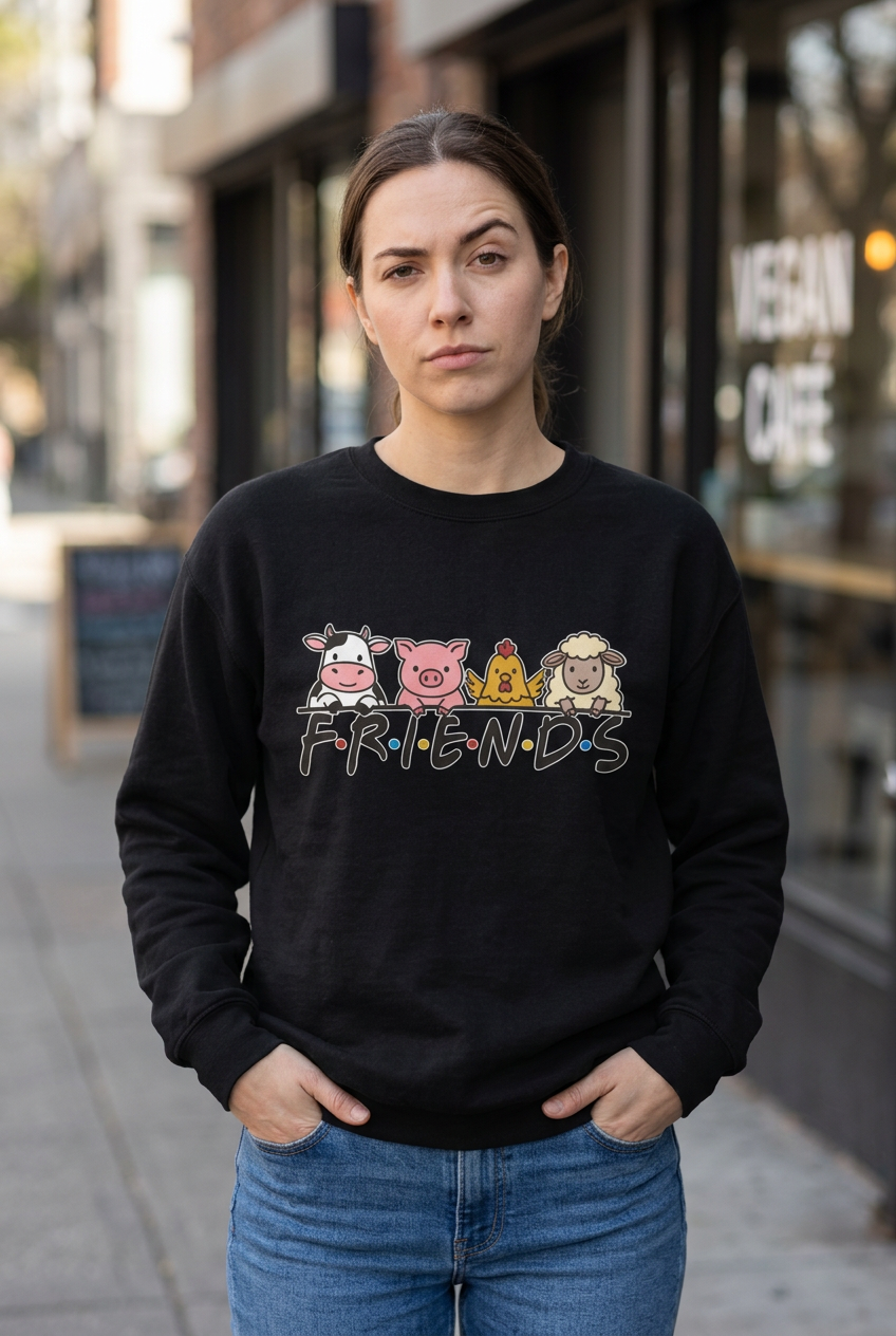 Model wearing Black FRIENDS vegan premium sweatshirt