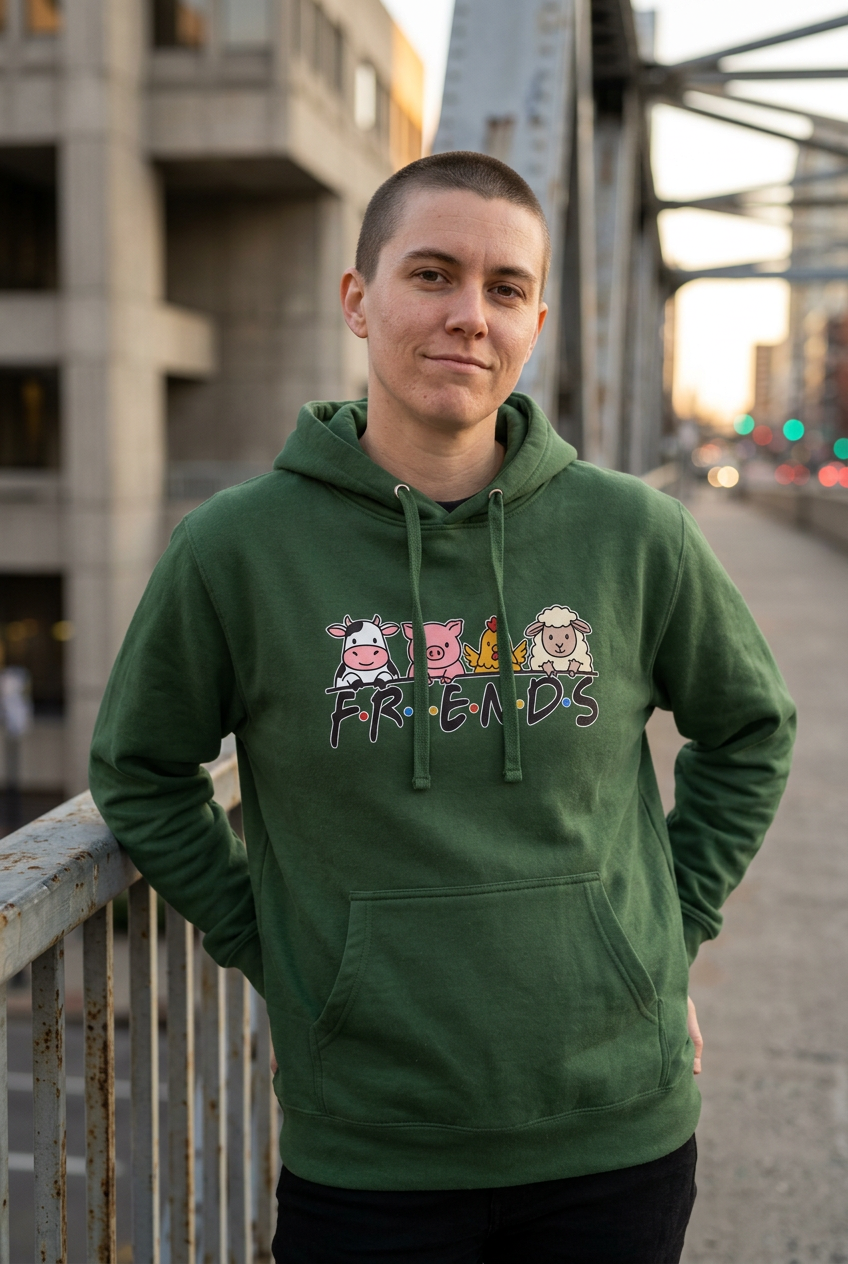 Model wearing Forest Green FRIENDS vegan pullover hoodie on a pedestrian bridge