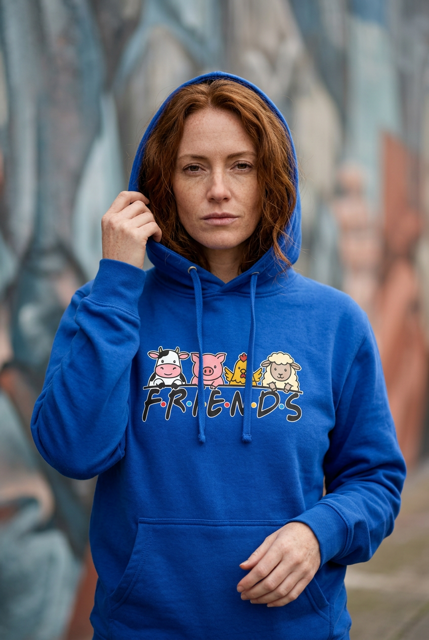 Model wearing Team Royal FRIENDS vegan pullover hoodie beside a street mural