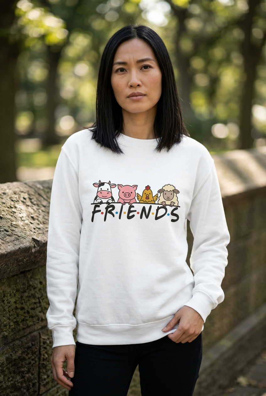 Model wearing White FRIENDS vegan premium sweatshirt