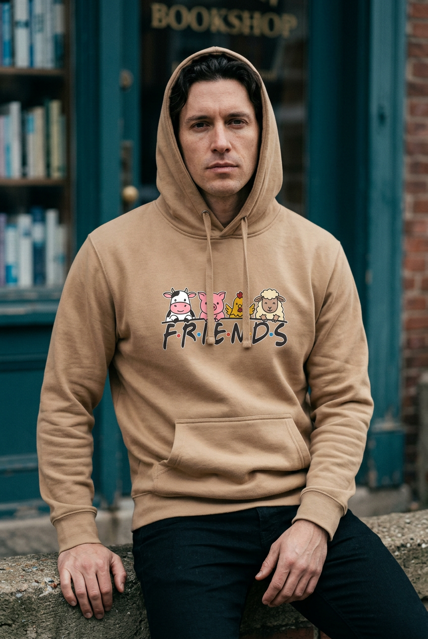 Model wearing Latte FRIENDS vegan pullover hoodie outside a bookshop