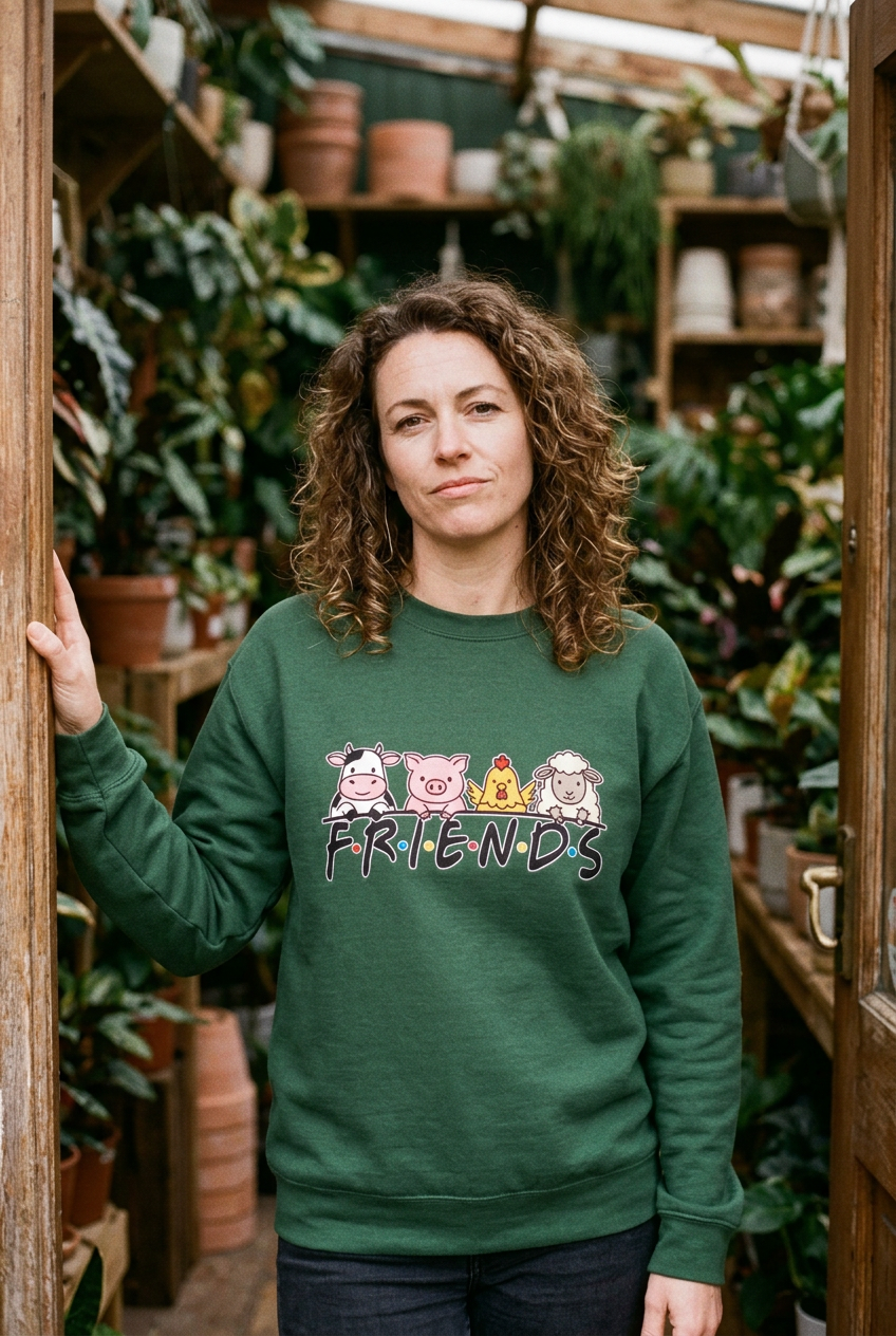 Model wearing Forest Green FRIENDS vegan premium sweatshirt